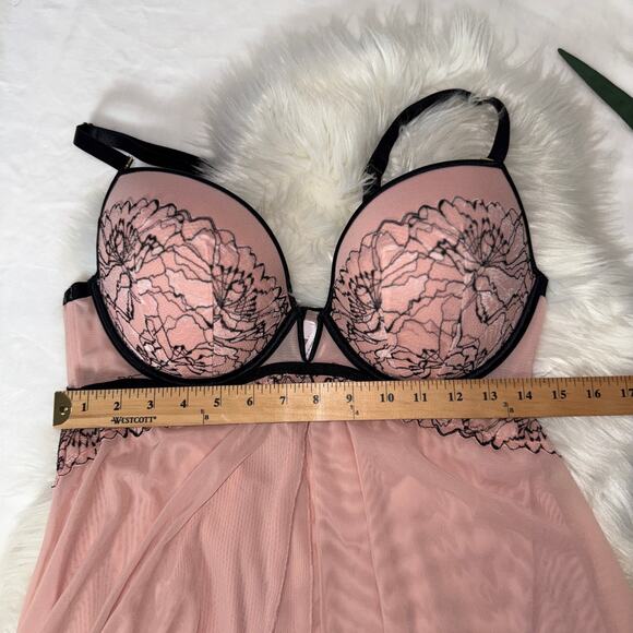 Auden Large Rose Push Up Babydoll Lingerie Coquette Pink Black Lace Underwire - Picture 13 of 14